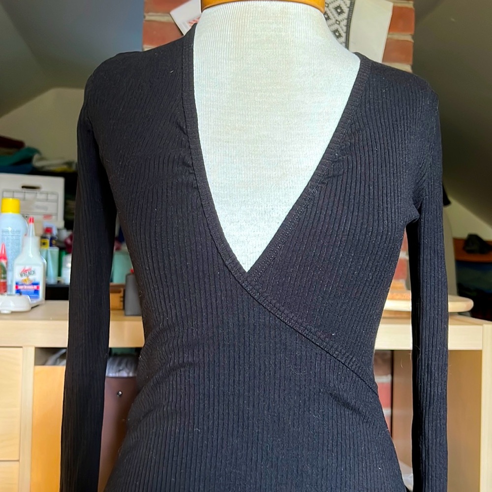 Reformation Long Sleeve Black Faux Wrap Bodysuit